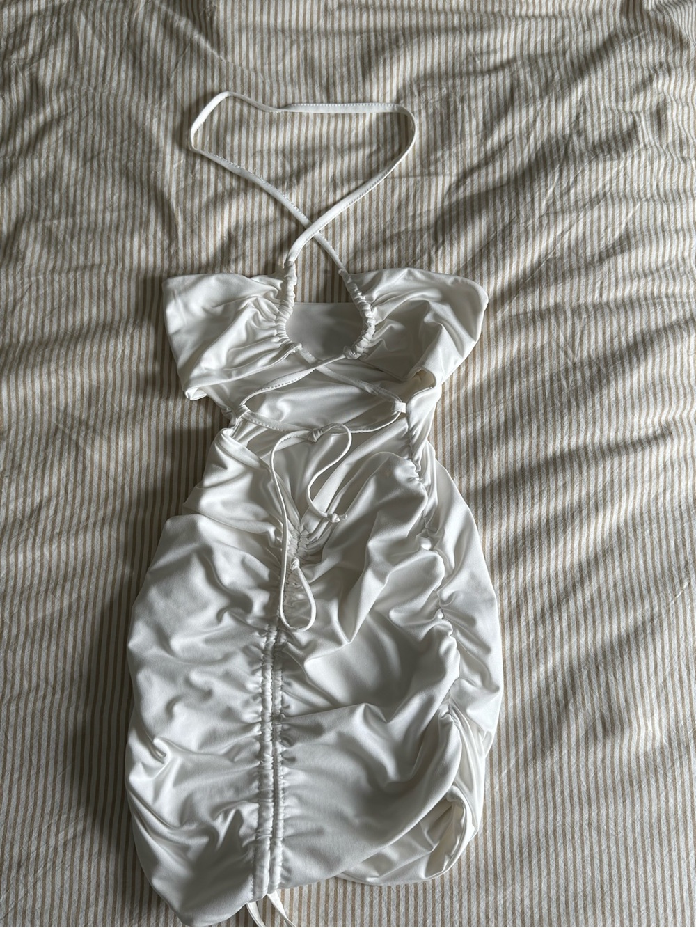 White Ruched Halter Mini Dress - Elegant Sleeveless Summer Dress